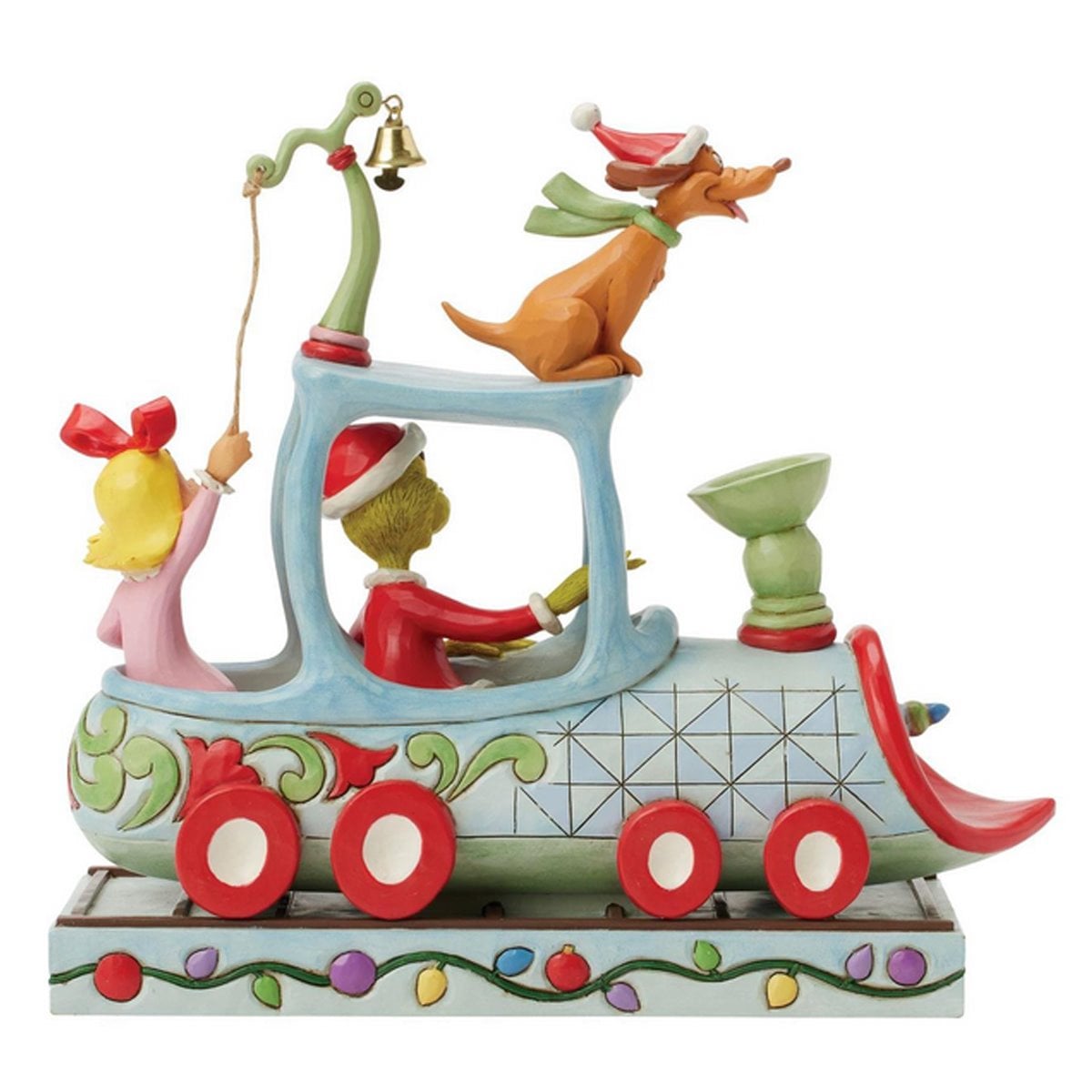 Estatua del Dr. Seuss Grinch, Cindy y Max en un tren: Por Jim Shore.