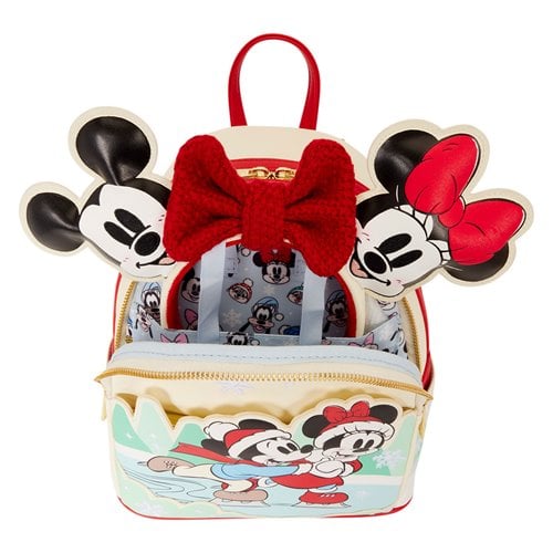 Mini mochila navideña de Mickey y Minnie Mouse patinando sobre hielo.