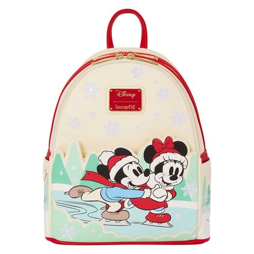 Mini mochila navideña de Mickey y Minnie Mouse patinando sobre hielo.